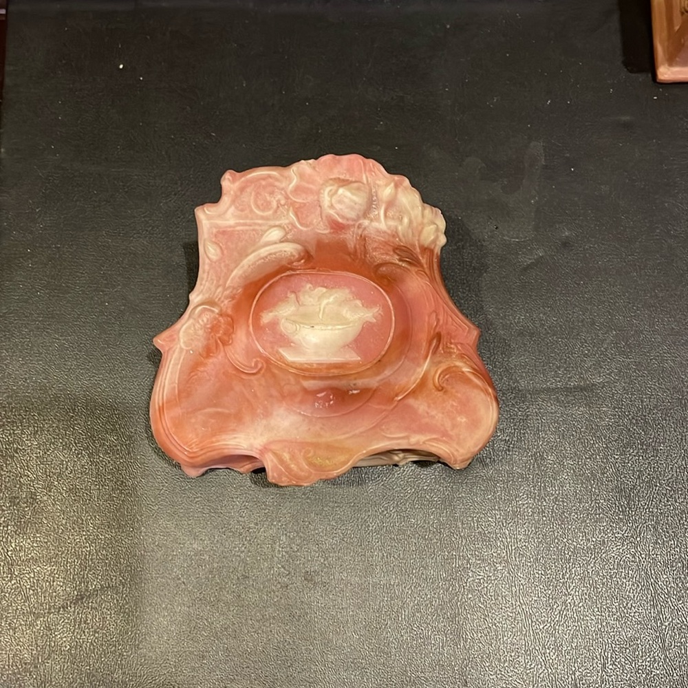 Vintage Incolay Stone in Pink with Bird Bath and Birds